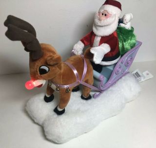 Gemmy Vtg Animated Musical Santa Rudolph Reindeer Sleigh Plush Misfit Christmas