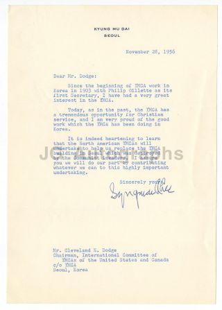 Syngman Rhee - First President Of South Korea - Signed Letter (tls) - 1956