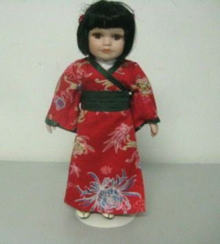 Vintage Oriental Geisha Girl Porcelain Doll 9 1/2 " Tall Red Kimono