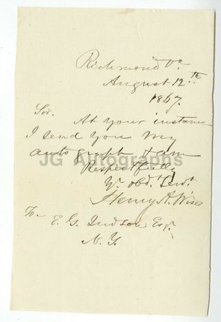 Henry Alexander Wise Autograph - Civil War General And Governor Of Virginia