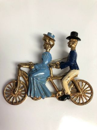 Victorian Lady Man Bicycle Built For Two Pot Metal Enamel Brooch Pin Antique Big