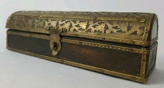 Antique Wood Box With Brass Inlaid Flower And Leaf Design Hinged Moroccan