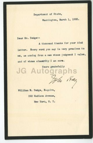 John Hay - United States Secretary Of State - Signed Letter (tls) - 1902