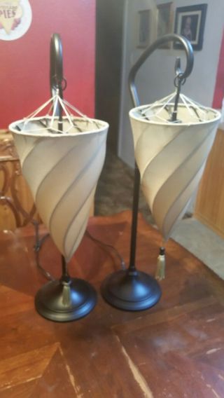 2 Art Deco Black Wrought Iron Green Fabric Cone/tassel Shade Table Lamp