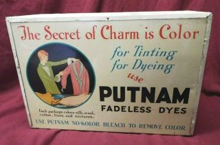 Old Vintage 1920s Putnam Fadeless Dyes Metal Advertising Display Dye Cabinet