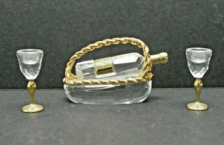 Swarovski Crystal Figurine Wine Bottle And 2 Glasses Gold Trim No Box 1.  5 "
