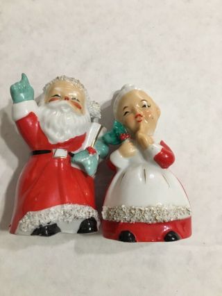Vintage Santa Mrs Claus Salt Pepper Shakers Holding Gift Holly Christmas