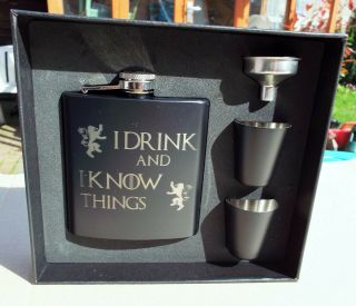 I Drink And I Know Things 6 Oz.  Stainless Steel Hip Flask 2 Shot Cups And Funnel