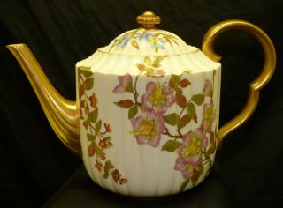 Antique 1800s Royal Worcester Ribbed Porcelain Teapot Hand Painted Floral & Gold