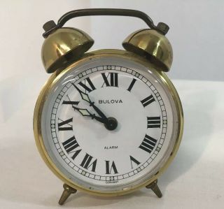 Vintage Bulova Solid Brass 8 Day Travel Alarm Mini Bracket Clock (01)