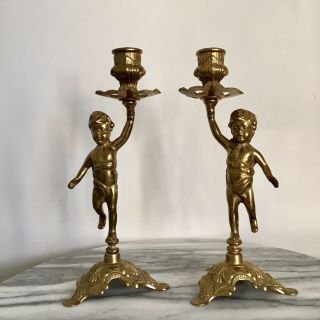 Vintage Pair Ornate Brass Cherub Candlesticks Candle Holders Hollywood Regency