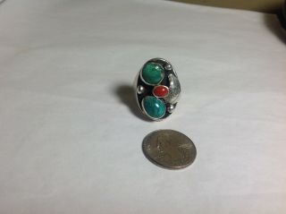 Vintage Navajo Old Pawn Huge Heavy Sterling Turquoise Coral Ring Sz 7.  5 - 32 Grams