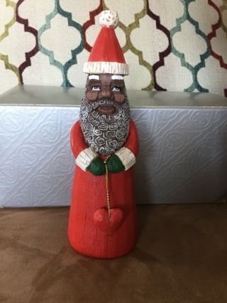 Vintage Wooden Carved Black African American Santa Statue 7 Inches Holding A