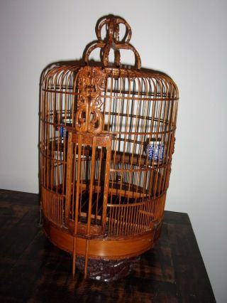 Vtg Chinese Asian Bamboo And Wire Bird Cage 24 " Tall With Feeding Cups Pagoda