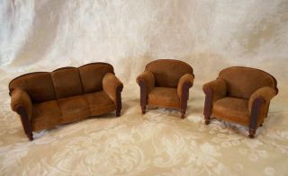 Vintage Antique Dollhouse Furniture Germany 1920s Sofa 2 Upholstered Chairs Exc