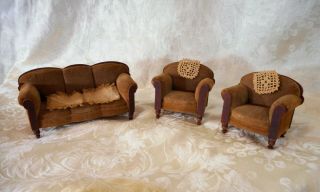 Vintage Antique Dollhouse Furniture Germany 1920s Sofa 2 Upholstered Chairs EXC 2