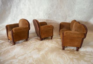 Vintage Antique Dollhouse Furniture Germany 1920s Sofa 2 Upholstered Chairs EXC 3