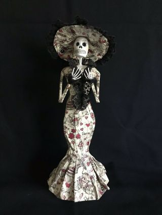 Mexican Day Of Dead Doll Catrina Black & White Handmade Paper Mache 14 " Paris