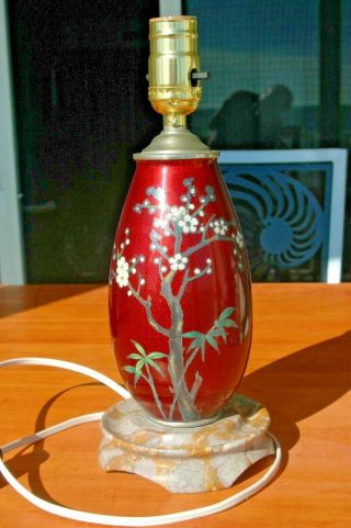 Vintage Marble Base Japanese Lamp Sato Cloisonne Pigeon Blood Red Vase