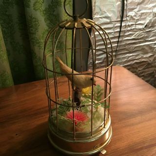 Vintage Metal Bird Cage Music Box With Motion Swinging Canary Bird