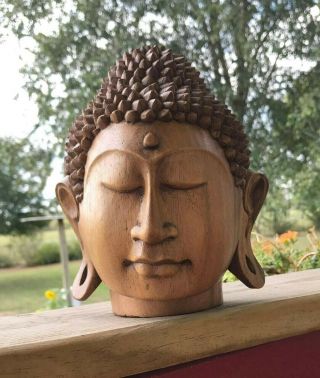 Natural Wooden Hand Carved Serenity Buddha Head Art Statue From Indonesia