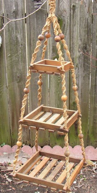 Vintage Macrame Hanging Wood Shelf / Plant Holder 3 Level Jute & Beads 48 " Tall