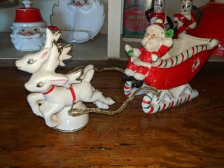 Vintage 50s Christmas Relco Santa Candy Cane Sleigh W/ Reindeer Planter Look