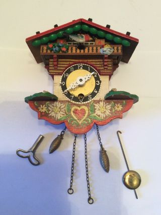 Vintage Black Forest Germany Mini Coo Coo Clock W/key Bird Heart Stones