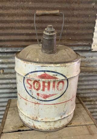 Htf Vtg 40s Sohio Gasoline 5 Gallon Metal Oil Can W/ Spout Standard Oil Co Ohio