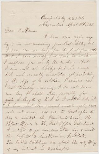 1863 Civil War Letter - Alexandria Va Camp 153rd Ny Inf - Visited White House
