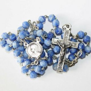 † Vintage French Faceted Blue Glass Beads Rosary,  Our Lady