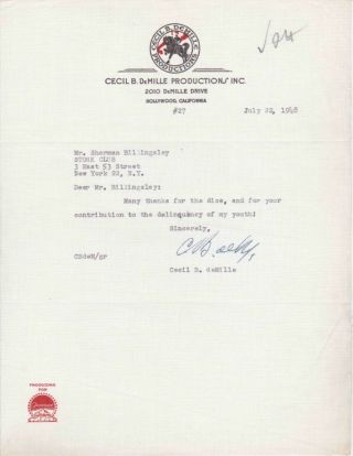 Cecil B.  Demille Signed 1948 Letter On Demille Productions Stationery Stork Club