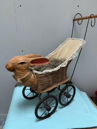 Estate Find Vintage Wicker Baby Doll Pram Buggy W/ Rabbit Head