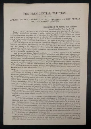 1864 Civil War National Union Committee Appeal Paper Election Broadside Lincoln