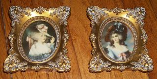 Vintage Gold Ornate Framed Victorian Lady 2 Prints Estate Cameo Creation Dome Gl