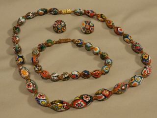 Vintage Murano Glass Graduated Millefiori Bead Necklace Bracelet Earring Set