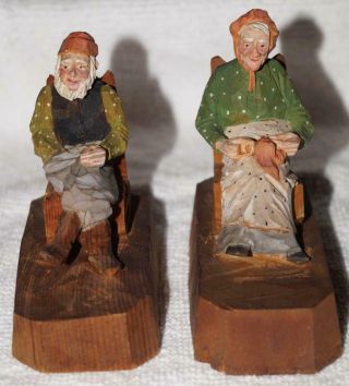 Andre Bourgault Hand Carved Painted Wood Man Woman On Rocking Chairs 4.  5 " Long