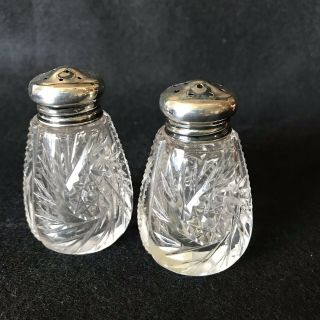 Cut Glass Sterling Silver Lid Salt Pepper Shaker Set Of 2 7/8 " Vintage