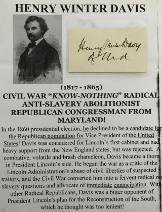 Civil War Radical Slavery Abolitionist Congressman Maryland Autograph Signed Vf