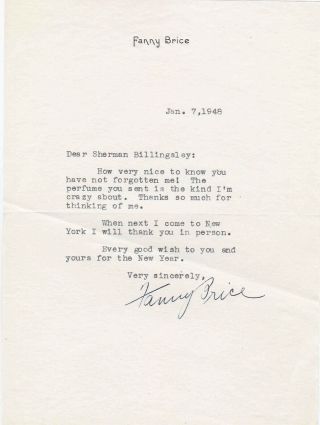 Fanny Brice Signed Letter (ziegfeld Follies; Funny Girl) 1948 - Re: Stork Club.