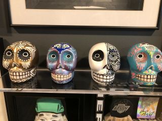 Day Of The Dead Ceramic Sugar Skull 4 Piece Art Sculpture Set Dia De Los Muertos