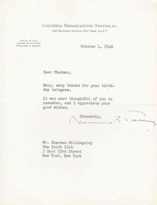 William S.  Paley Cbs Chairman Broadcast Pioneer Signed Letter To Stork Club 1948