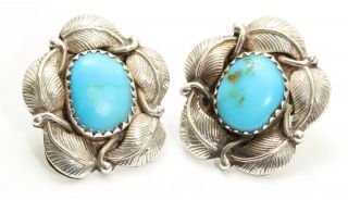 Vintage Navajo Signed Sterling Silver Blue Turquoise Floral Blossom Earrings