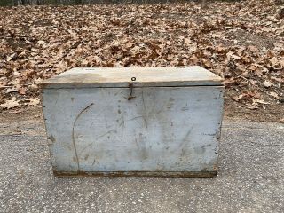 Antique Primitive Wooden Hand Made Chest Carpenter Tool Box With Blue Paint
