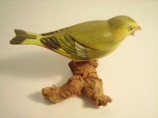 Vintage Carved Wood Bird Folk Art On Branch Metal Tongue Glass Eyes Canary