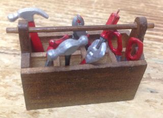 Vintage Doll House Dollhouse Miniature Tool Kit Wood Box Metal Hammer Msr,  19