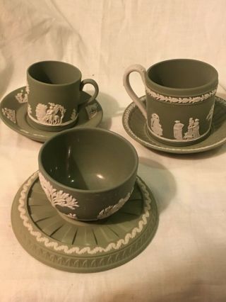 3 Antique Wedgwood Pale Green Jasper Ware Teacup And Saucers