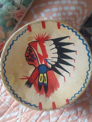 1940s Vtg Fred Harvey Era Native American Drum Rawhide Tied Hand Painted