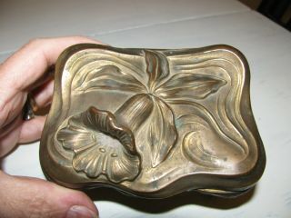 ANTIQUE GOLD METAL FLORAL ART NOUVEAU STYLE JEWELRY BOX ORCHID RELIEF DESIGN 5 