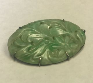 Antique Oriental Chinese Solid Silver & Green Carved Jade Pin Brooch